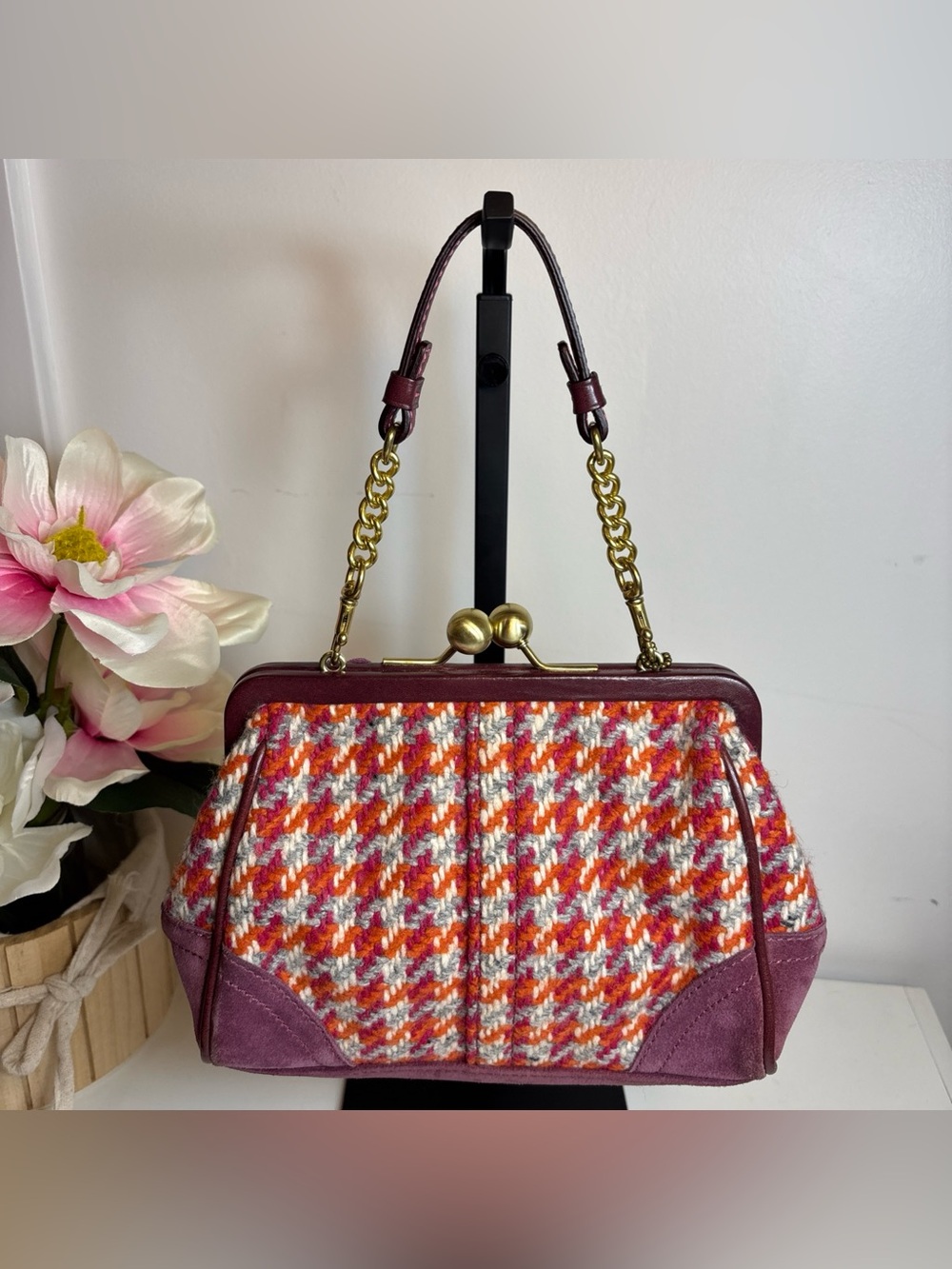 COACH LTD VTG PINK WOOL HOUNDSTOOTH SUEDE KISSLOCK GALLERY FRAMED BAG - Picture 9 of 16